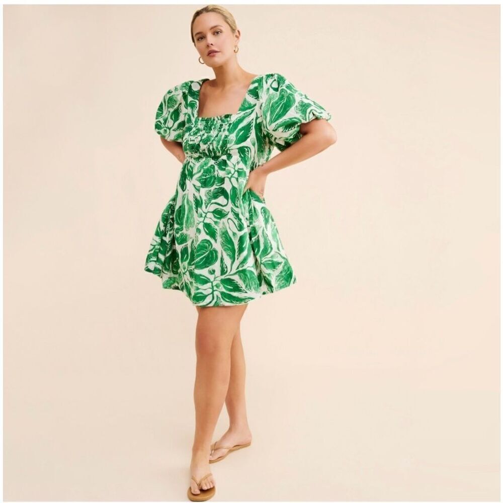 Anthropologie Maeve X Yukiko Noritake Women’s Square-Neck Green White Smocked Ba